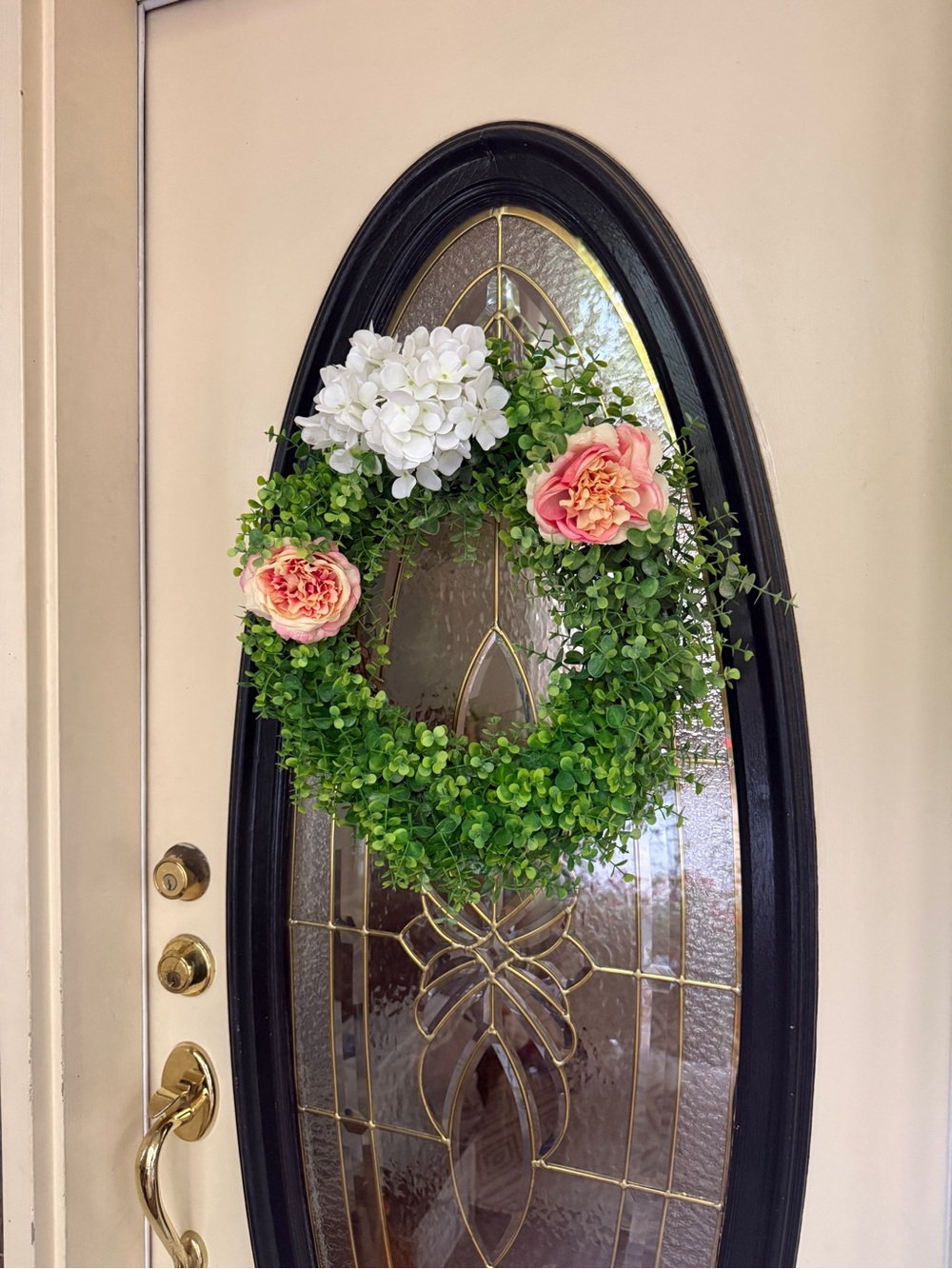Faux Eucalyptus Wreath White Hydrangea Pink Roses Grapevine Cottage Door Decor